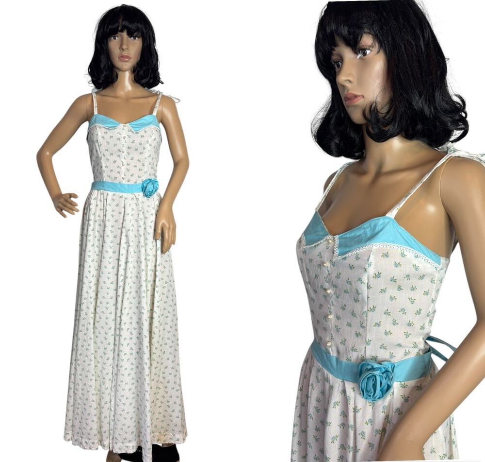 Vintage 1960s White Blue Floral Prairie Maxi Dress XS/S Talon Zip Circular
